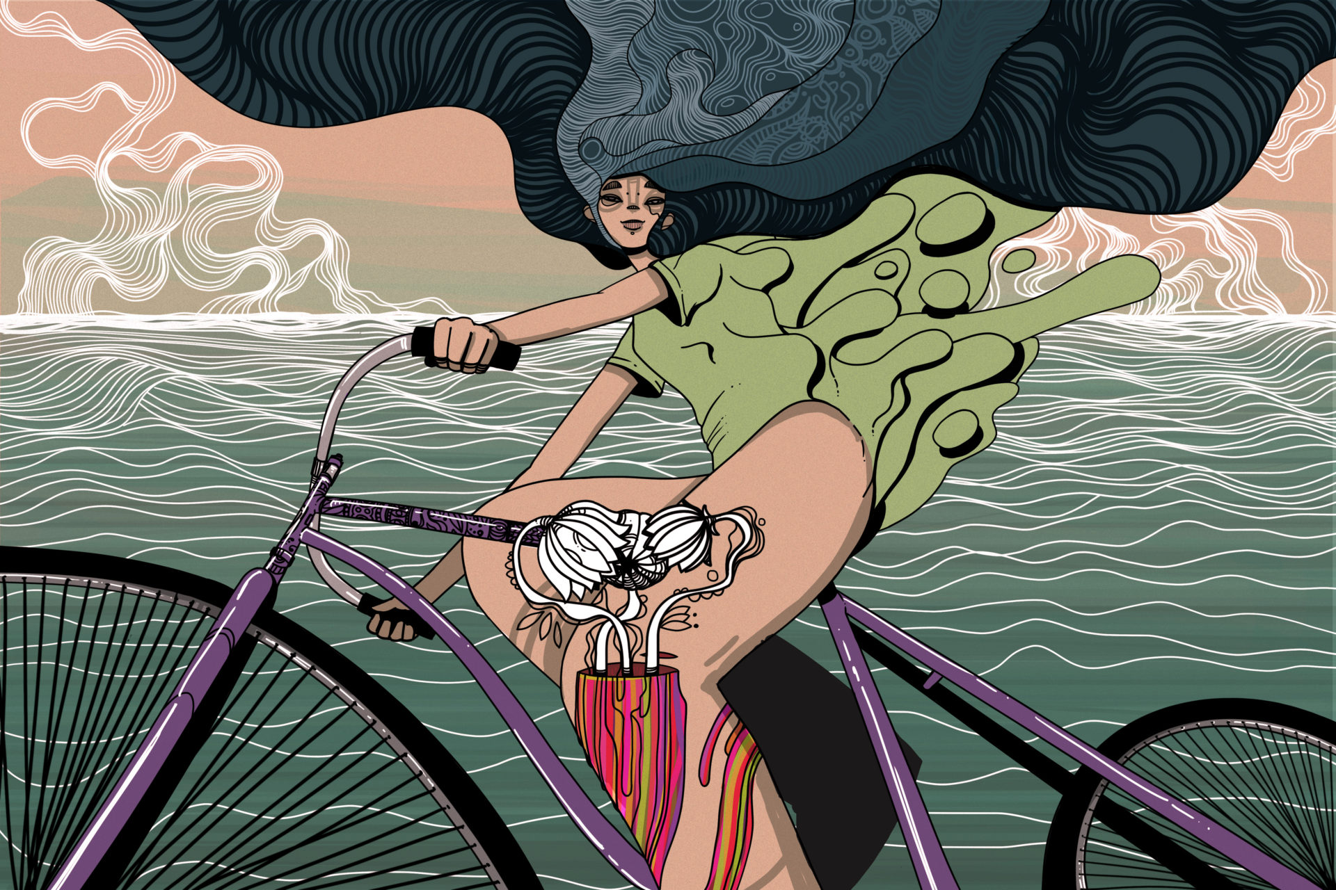 Mujer pedalea en su bicicleta durante la pandemia Covid-19 (Ilustración)