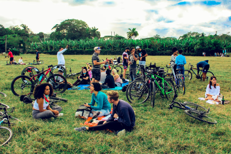 Cyclists get together for the a bicycle picnic in Havana's green spaces