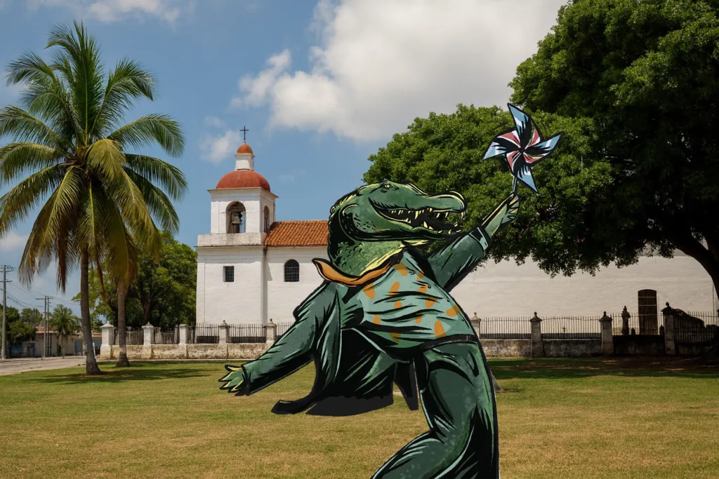 Bussinesaligator en frente del Templo de la Virgen de Regla generada con IA