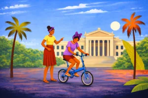 Una chica enseña a otra cómo montar bicicleta.